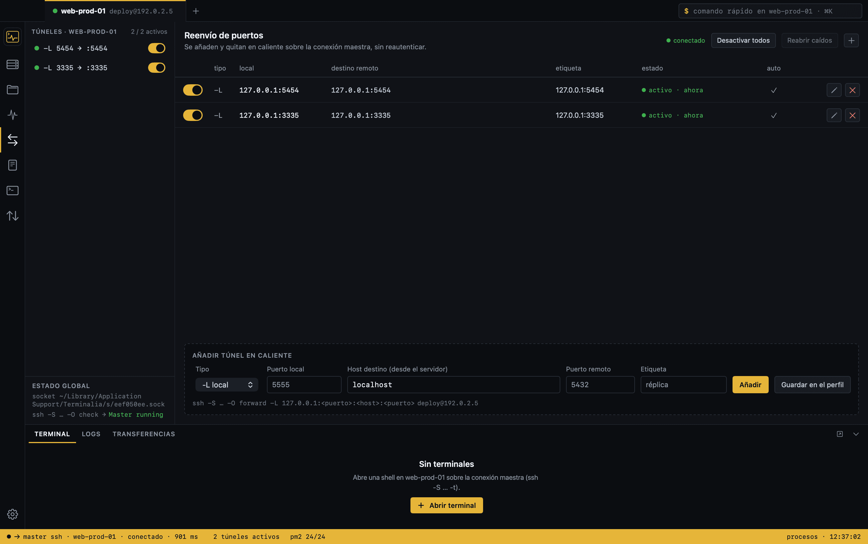 Gestor de túneles SSH de Terminalia con reenvíos de puertos locales (-L) y remotos (-R) activos y el formulario para añadir uno