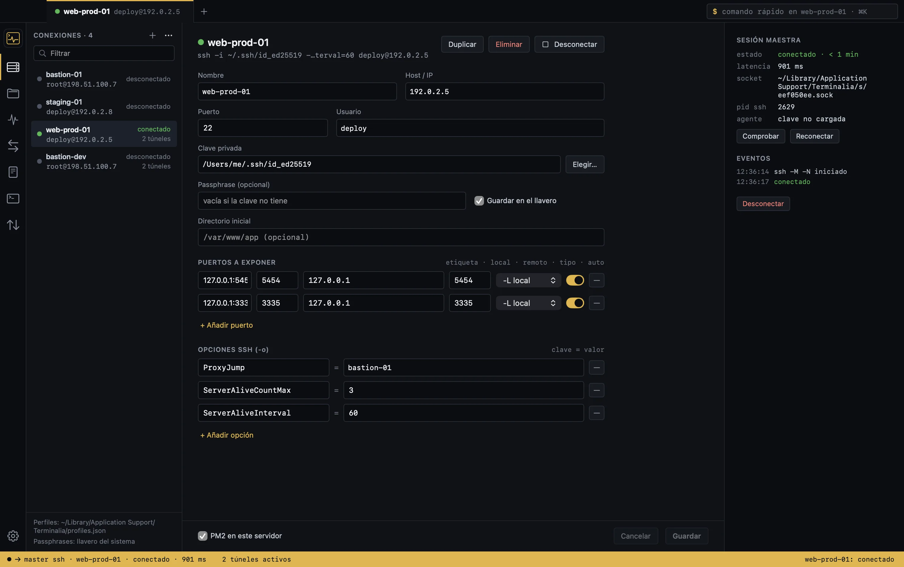 List of SSH profiles imported from ~/.ssh/config in Terminalia, with a profile form showing its key and ProxyJump