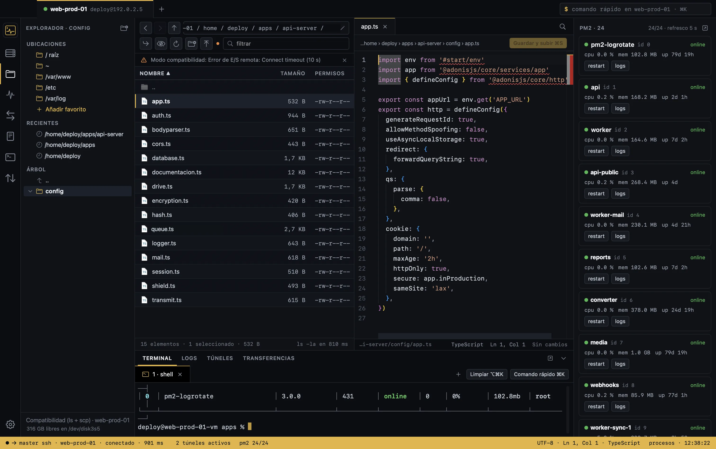 Terminalia built-in editor with a remote config file open in a tab and syntax highlighting