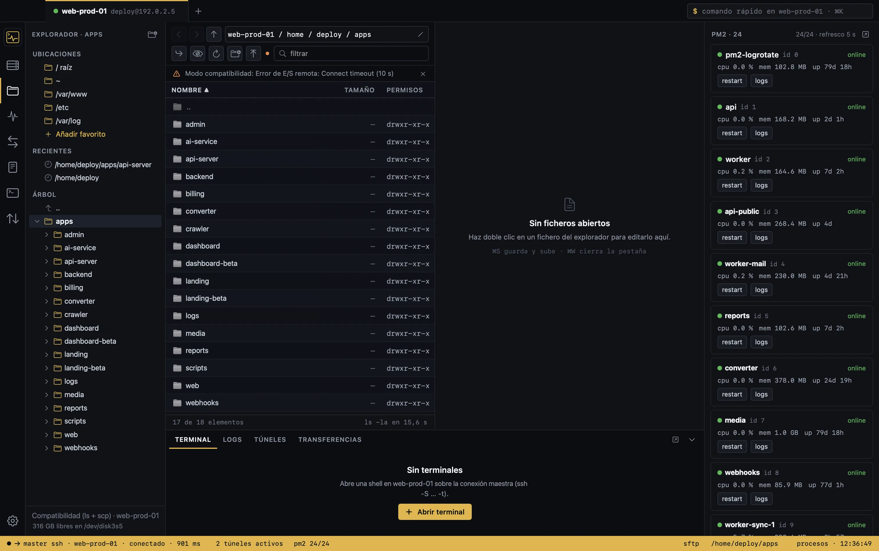 Terminalia, SSH client for Mac: SFTP browser for a remote server with a built-in terminal and a PM2 and Docker process column
