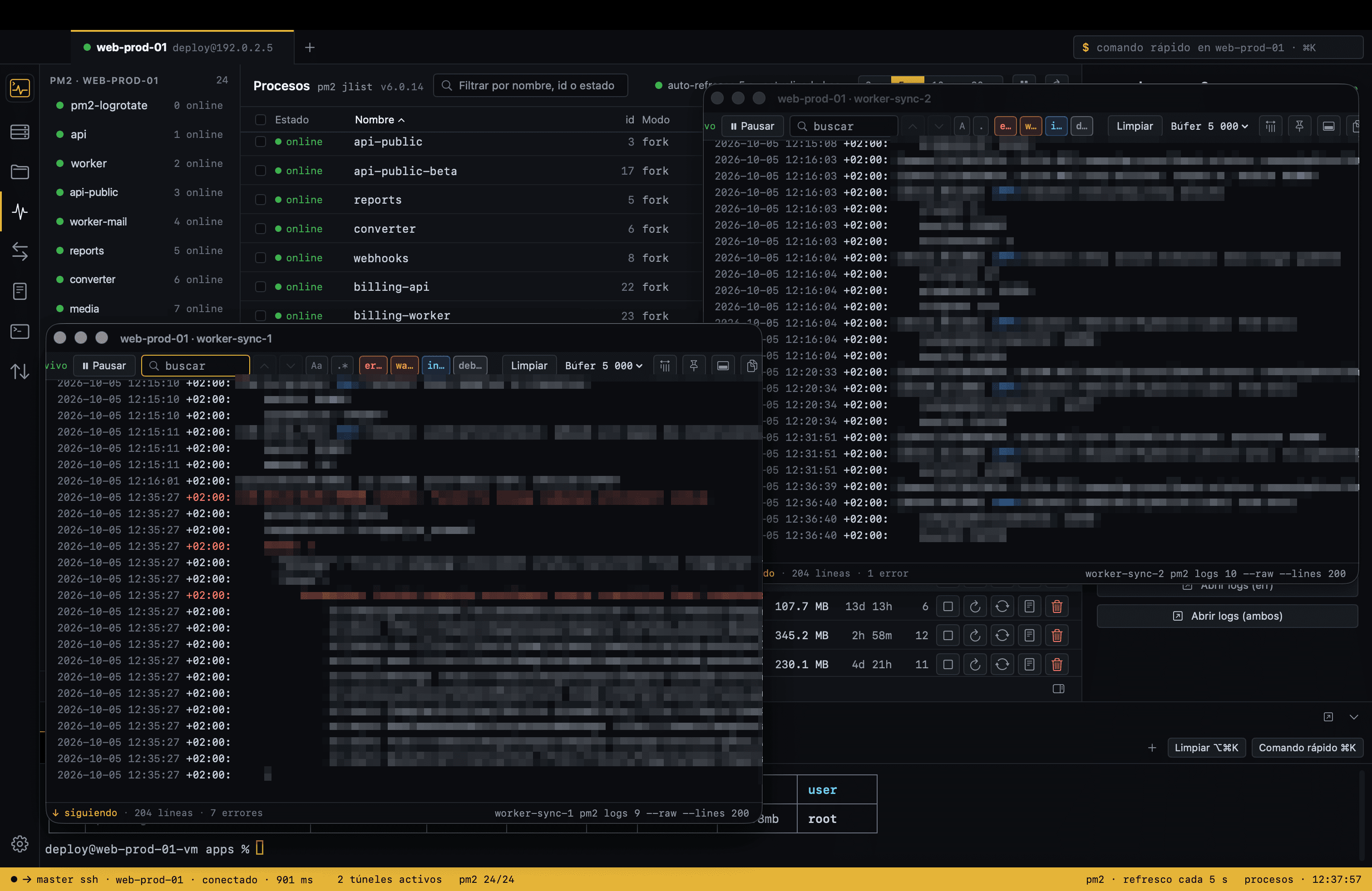 Varias ventanas flotantes de logs en tiempo real de PM2 y Docker con búsqueda y errores resaltados