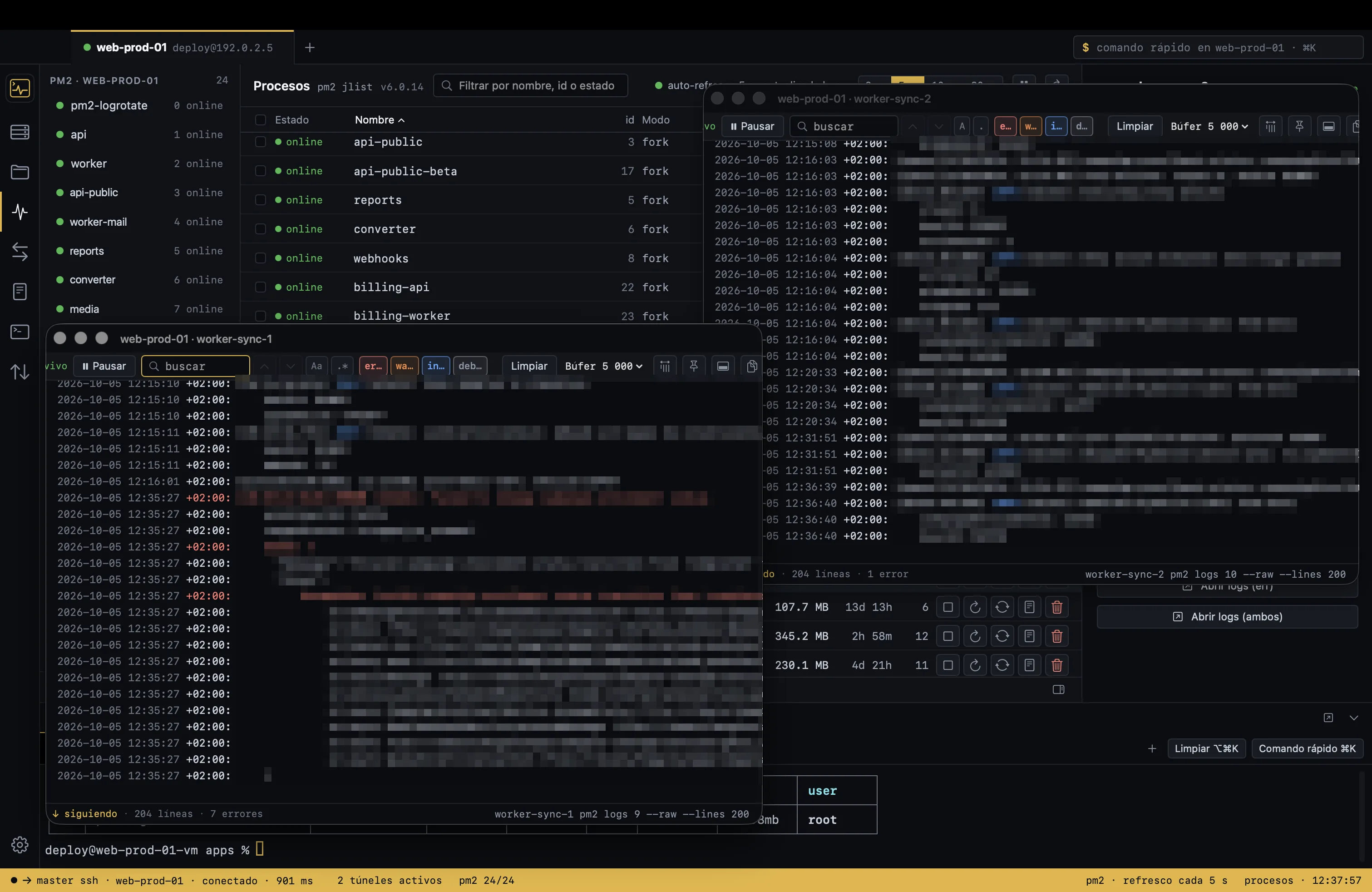 Several floating windows with live PM2 and Docker logs, search and highlighted errors