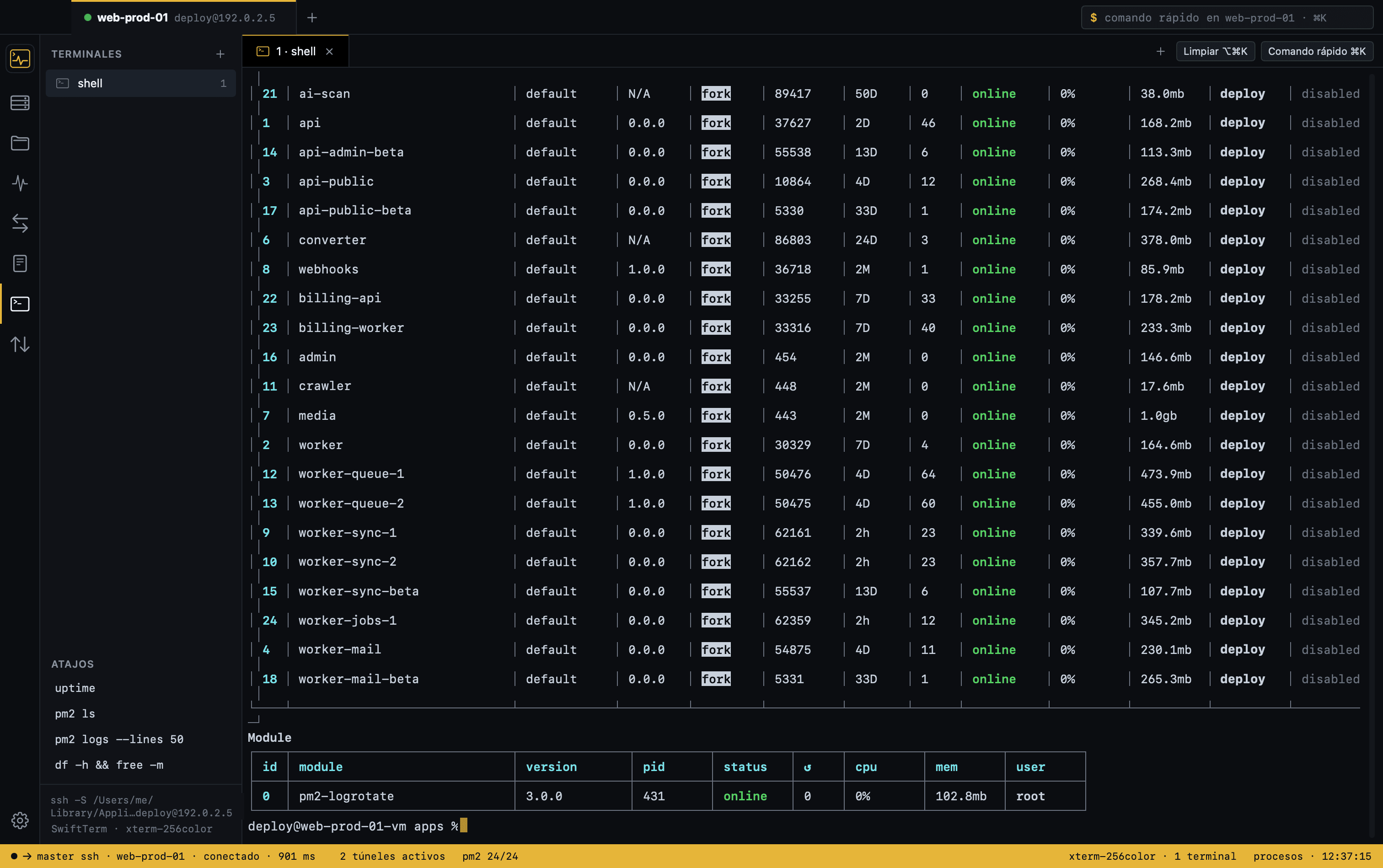 Terminal SSH integrada en Terminalia con una sesión interactiva en un servidor remoto
