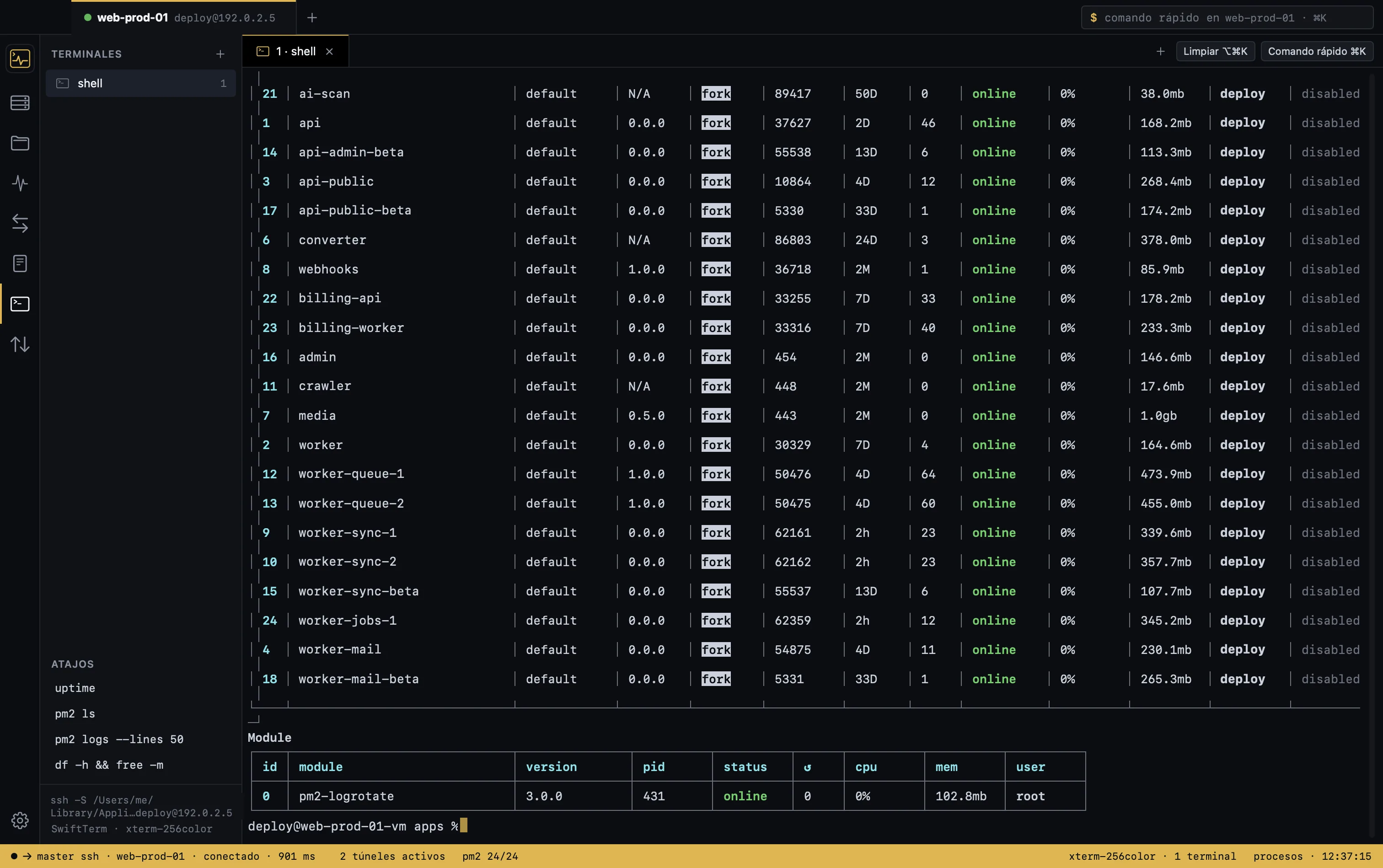 Terminal built into Terminalia with an interactive SSH session on a remote server